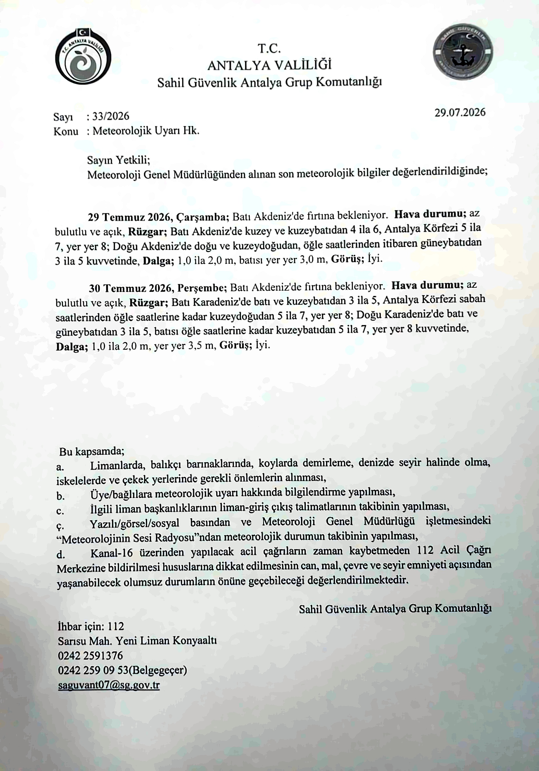 29 - 30 Temmuz 2026 Kötü Hava Şartları Bilgilendirme