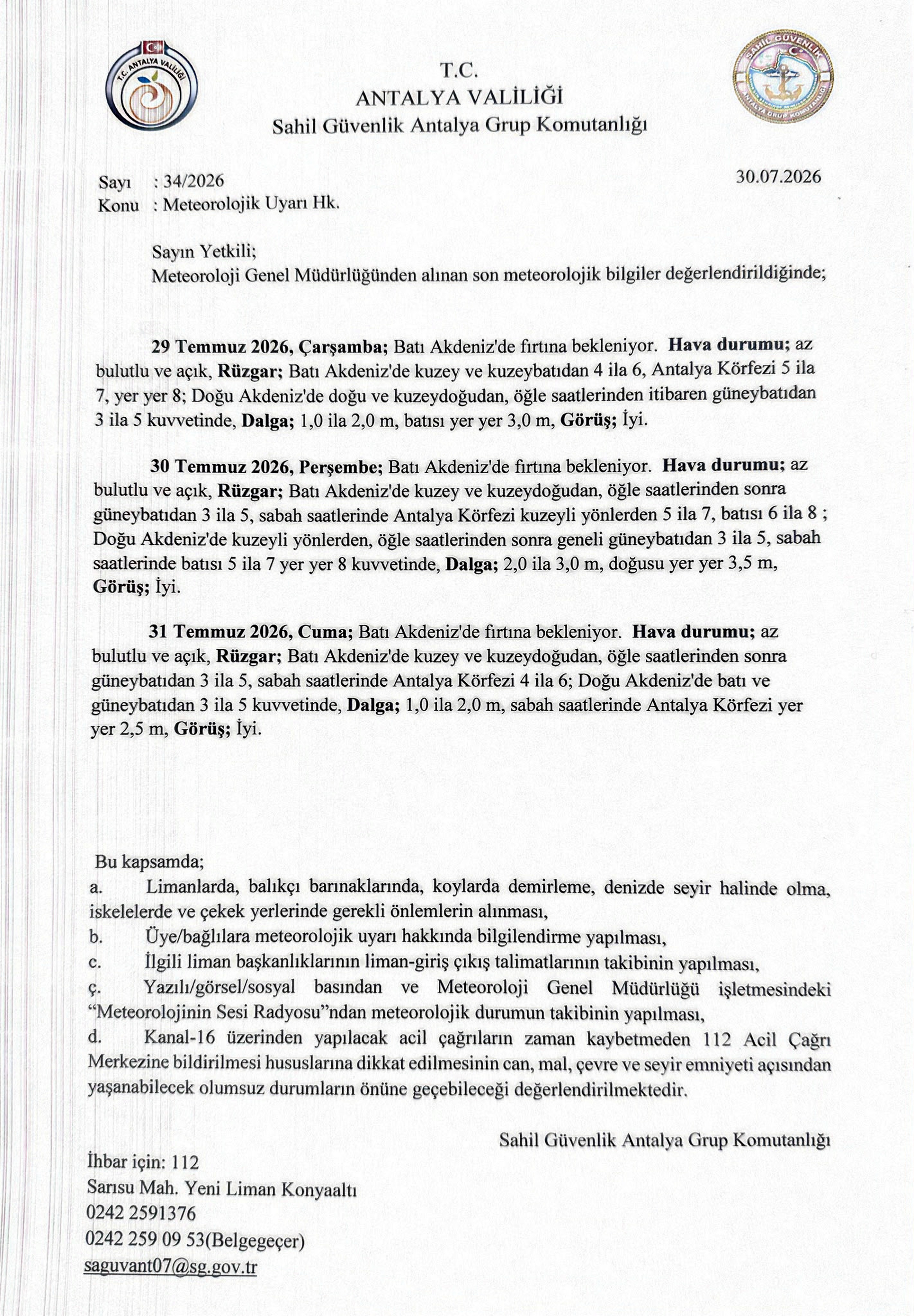 29 - 30 - 31 Temmuz 2026 Kötü Hava Şartları Bilgilendirme